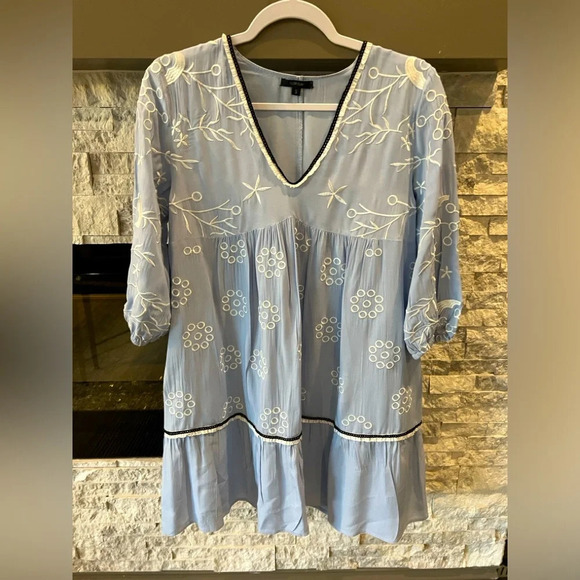 Floryda size Small blue and white embroidered swing dress bohemian - Picture 1 of 10